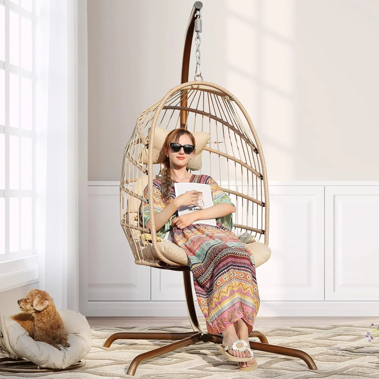 NICESOUL Hanging Egg Chair with Stand Indoor Outdoor, Comfy Patio Rattan Swing Hammock Chairs with Cushion, 350lbs Capacity Egg Shaped Chair for Lawn Backyard Balcony Bedroom, Birthday Gift, Beige