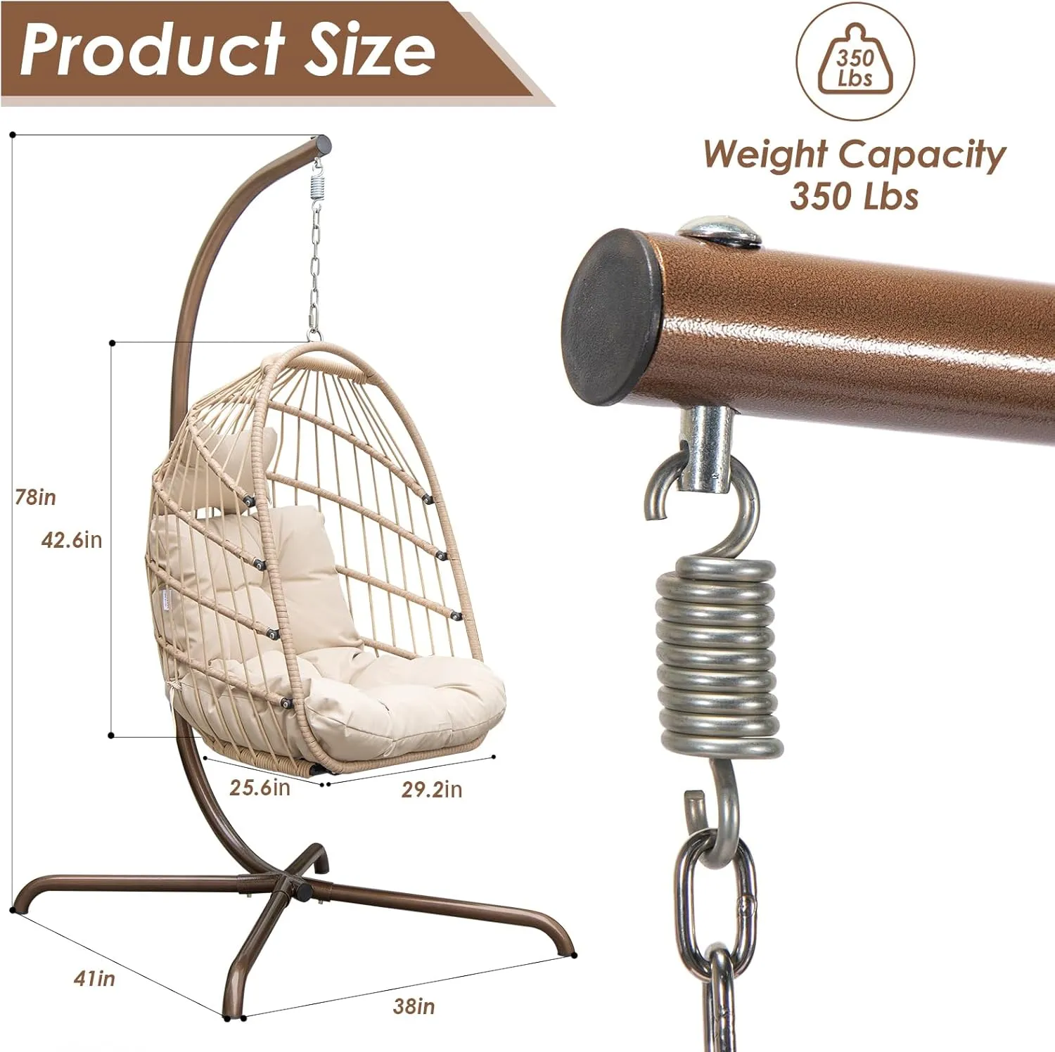 NICESOUL Hanging Egg Chair with Stand Indoor Outdoor, Comfy Patio Rattan Swing Hammock Chairs with Cushion, 350lbs Capacity Egg Shaped Chair for Lawn Backyard Balcony Bedroom, Birthday Gift, Beige