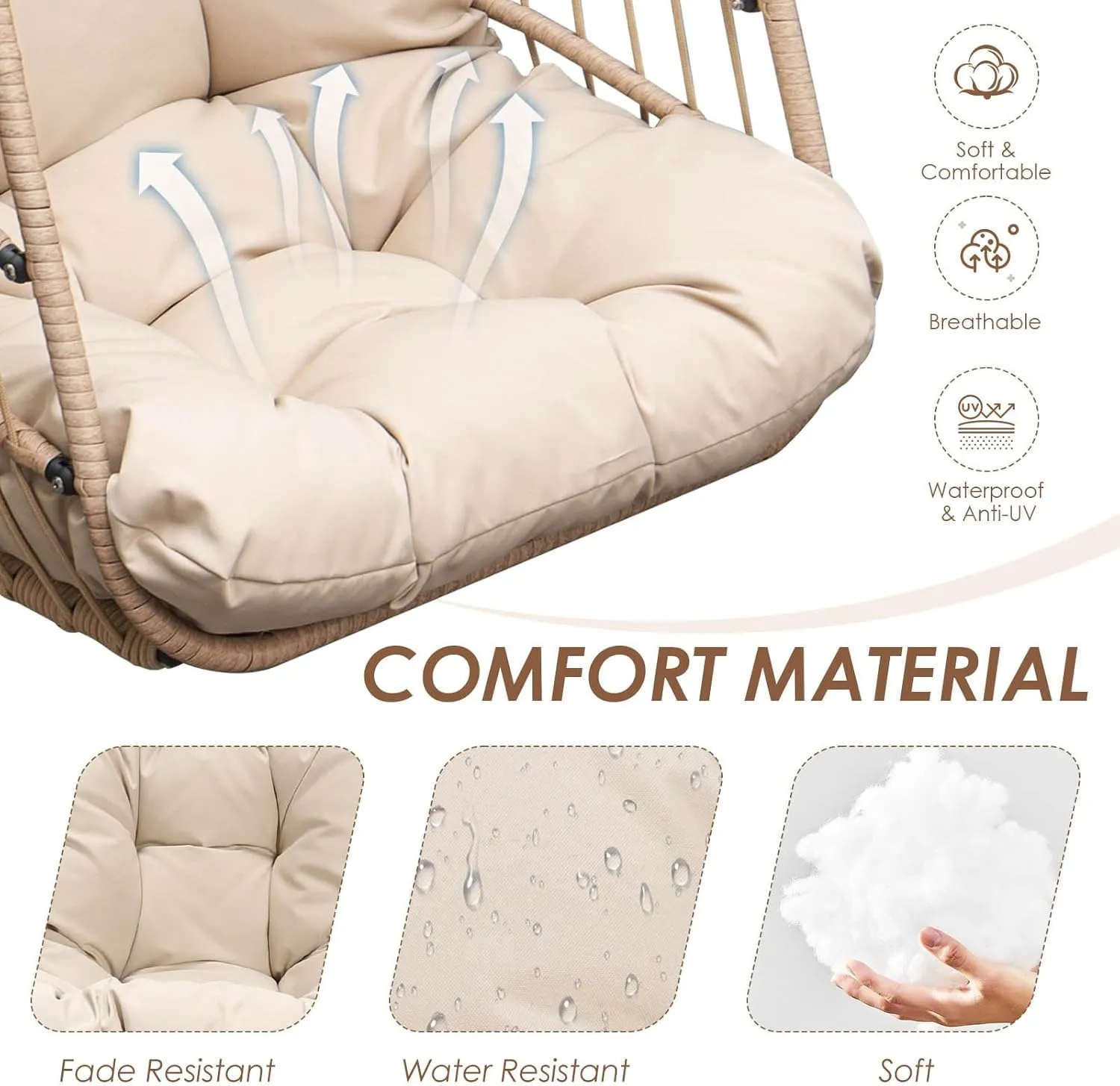NICESOUL Hanging Egg Chair with Stand Indoor Outdoor, Comfy Patio Rattan Swing Hammock Chairs with Cushion, 350lbs Capacity Egg Shaped Chair for Lawn Backyard Balcony Bedroom, Birthday Gift, Beige