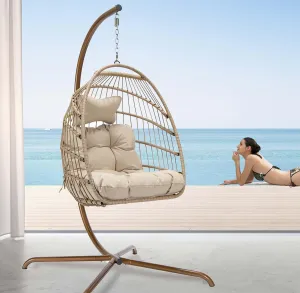 NICESOUL Hanging Egg Chair with Stand Indoor Outdoor, Comfy Patio Rattan Swing Hammock Chairs with Cushion, 350lbs Capacity Egg Shaped Chair for Lawn Backyard Balcony Bedroom, Birthday Gift, Beige