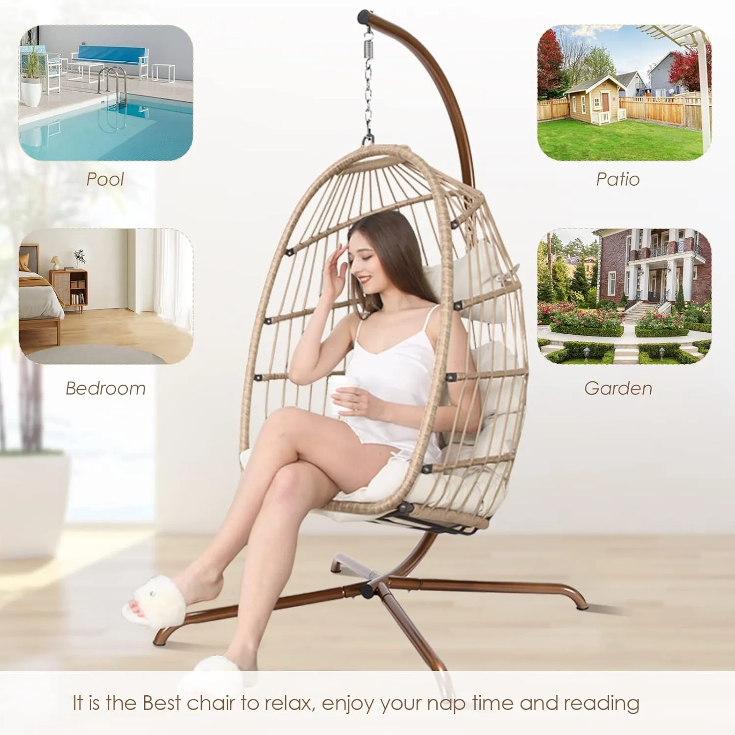 NICESOUL Hanging Egg Chair with Stand Indoor Outdoor, Comfy Patio Rattan Swing Hammock Chairs with Cushion, 350lbs Capacity Egg Shaped Chair for Lawn Backyard Balcony Bedroom, Birthday Gift, Beige