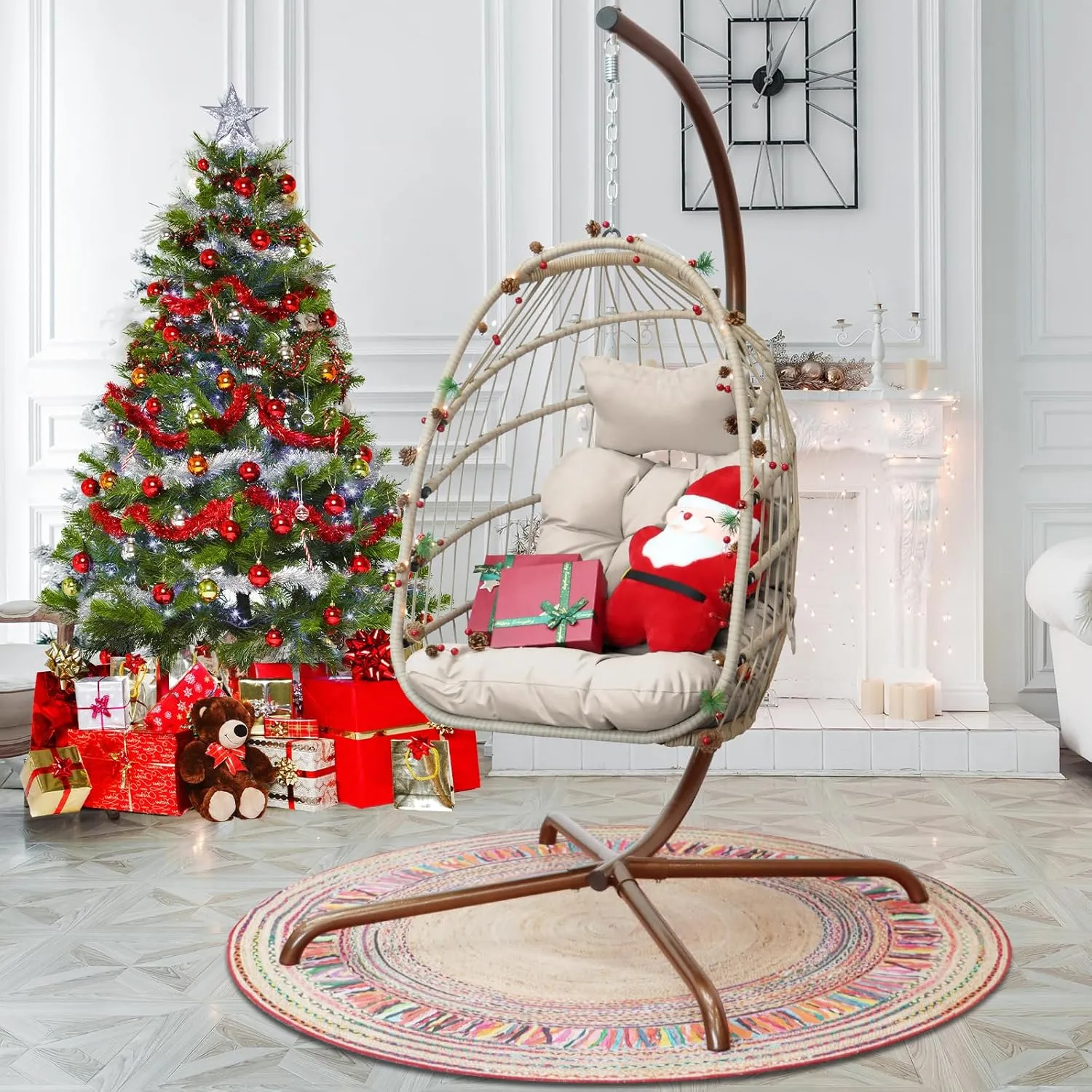 NICESOUL Hanging Egg Chair with Stand Indoor Outdoor, Comfy Patio Rattan Swing Hammock Chairs with Cushion, 350lbs Capacity Egg Shaped Chair for Lawn Backyard Balcony Bedroom, Birthday Gift, Beige