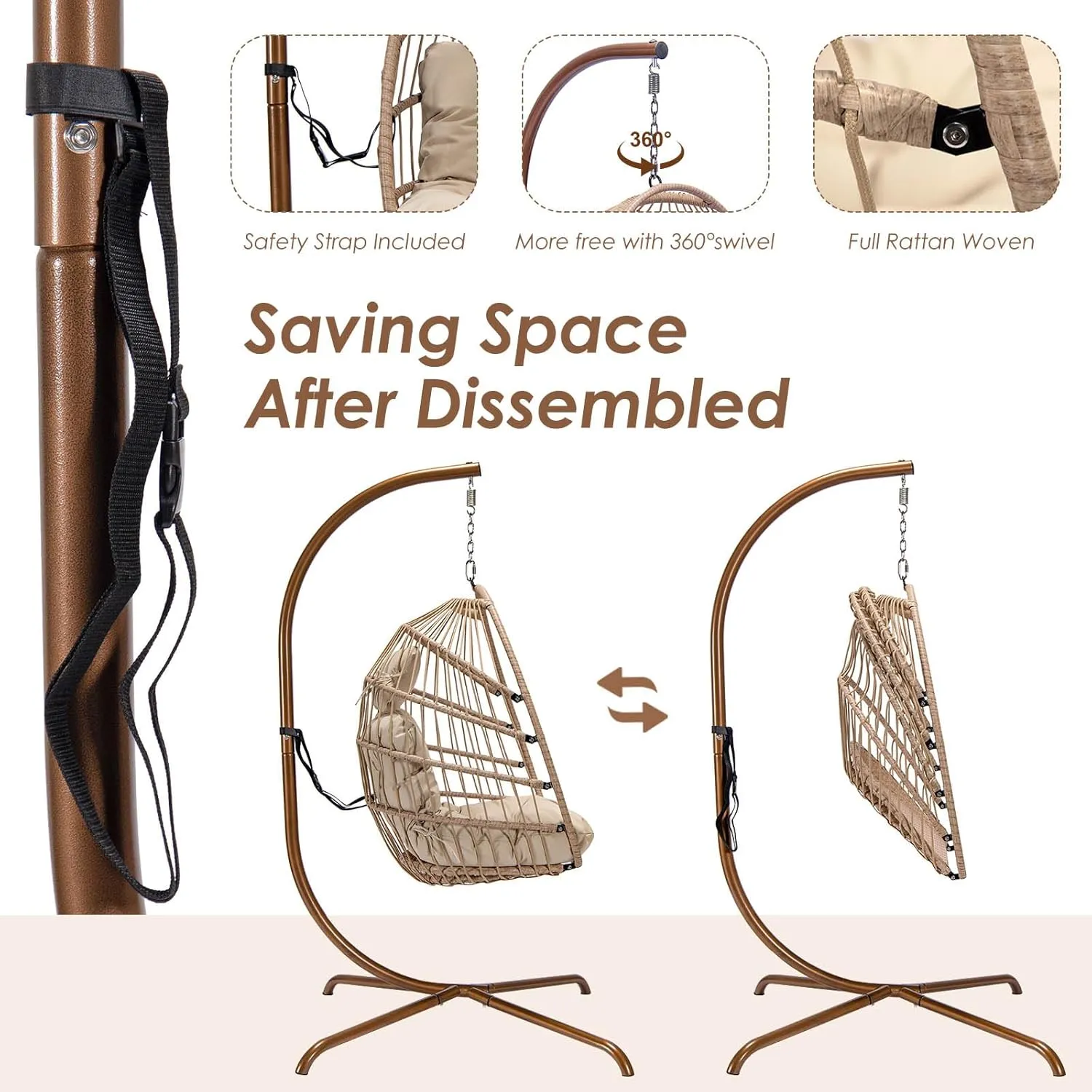 NICESOUL Hanging Egg Chair with Stand Indoor Outdoor, Comfy Patio Rattan Swing Hammock Chairs with Cushion, 350lbs Capacity Egg Shaped Chair for Lawn Backyard Balcony Bedroom, Birthday Gift, Beige