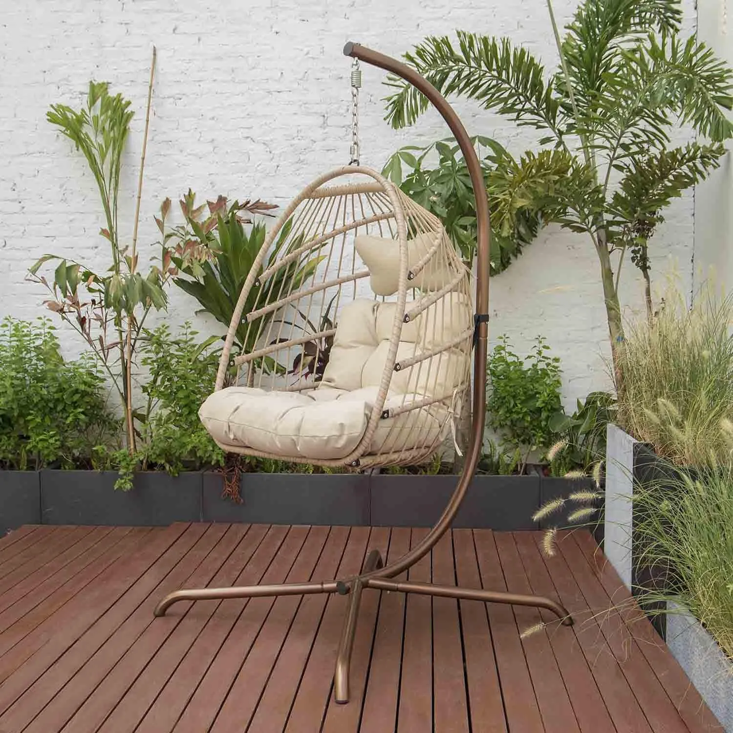 NICESOUL Hanging Egg Chair with Stand Indoor Outdoor, Comfy Patio Rattan Swing Hammock Chairs with Cushion, 350lbs Capacity Egg Shaped Chair for Lawn Backyard Balcony Bedroom, Birthday Gift, Beige