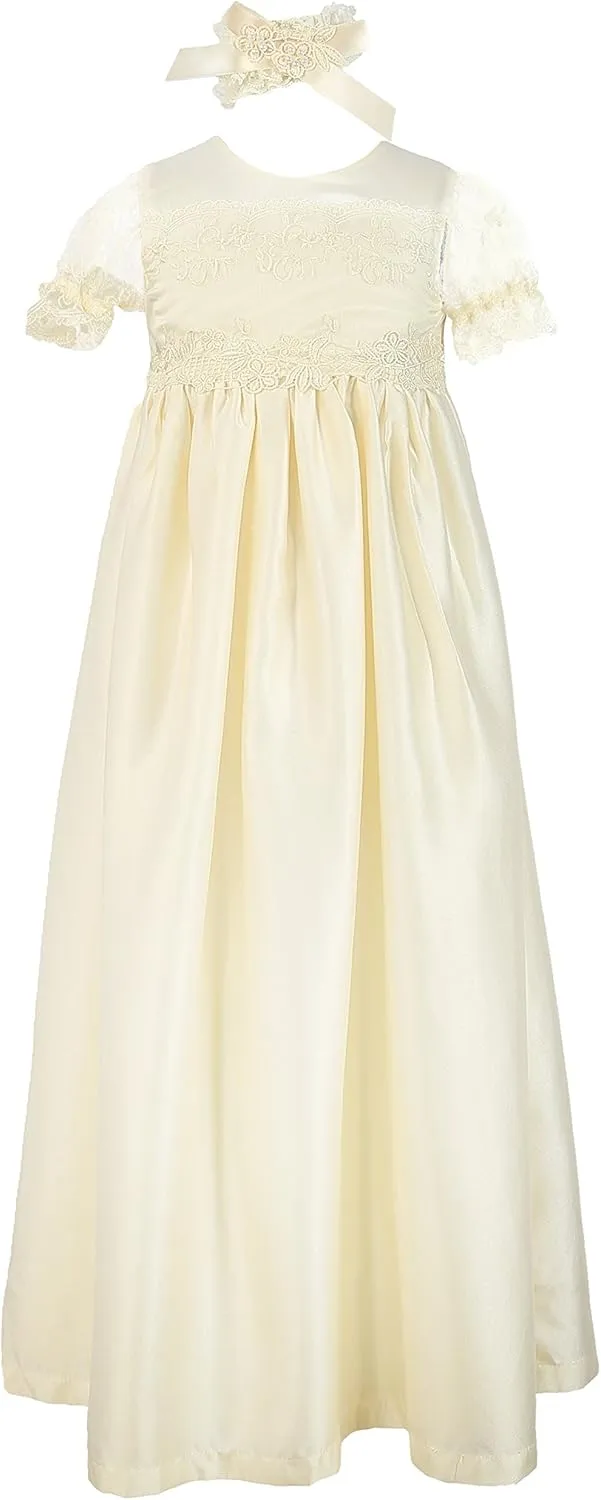 NIMBLE Baby Girls Baptism Christening Embroidered Gown with Headband for 0-12 Months