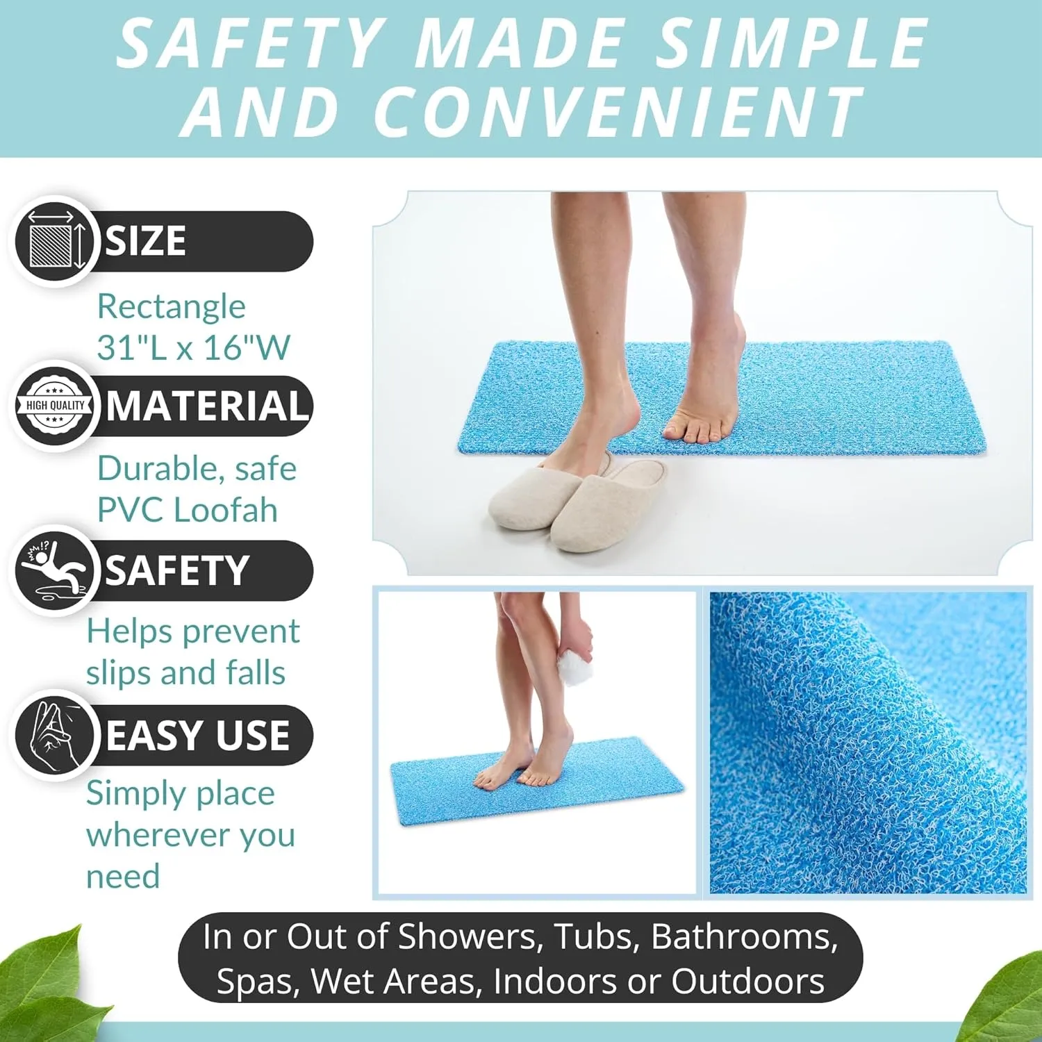 Non Slip Bathtub Mat Shower Mat for Tub - Loofah Bath Mats for Bathroom - 31x16 Bathtub Floor Mat - Textured Anti Slip Bath Mat Without Suction Cups - Secure Mat for Wet Areas (31x16 Aqua Blue)