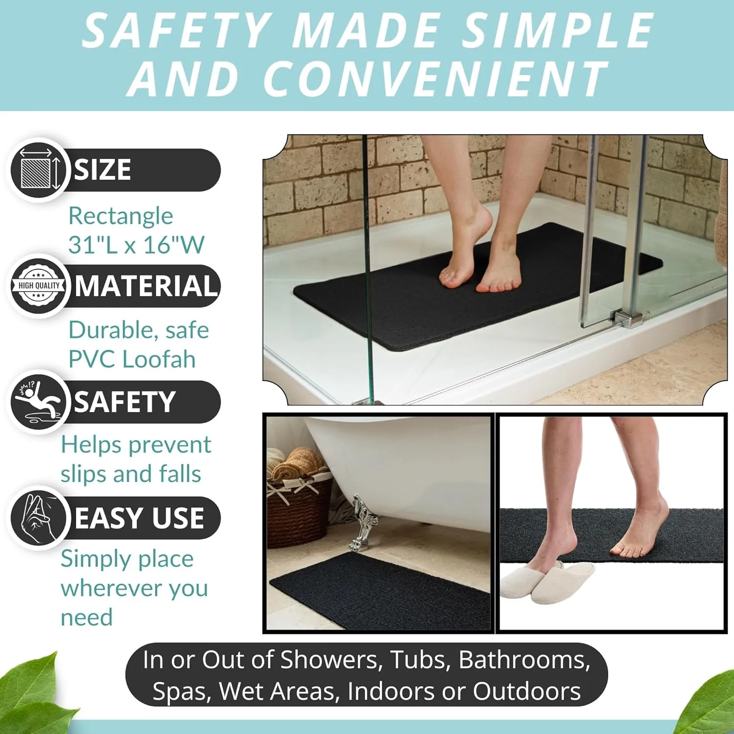 Non Slip Bathtub Mat Shower Mat for Tub - Loofah Bath Mats for Bathroom - 31x16 Bathtub Floor Mat - Textured Anti Slip Bath Mat Without Suction Cups - Secure Mat for Wet Areas (31x16 Black)