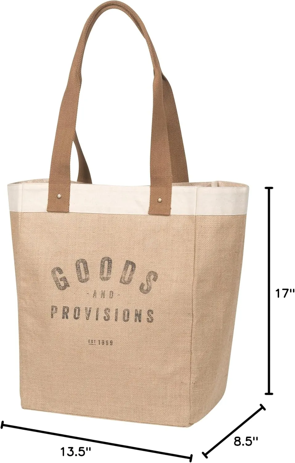 Now Designs Burlap Market Tote, Goods and Provisions 17" tall x 13.5" wide x 8.8" deep