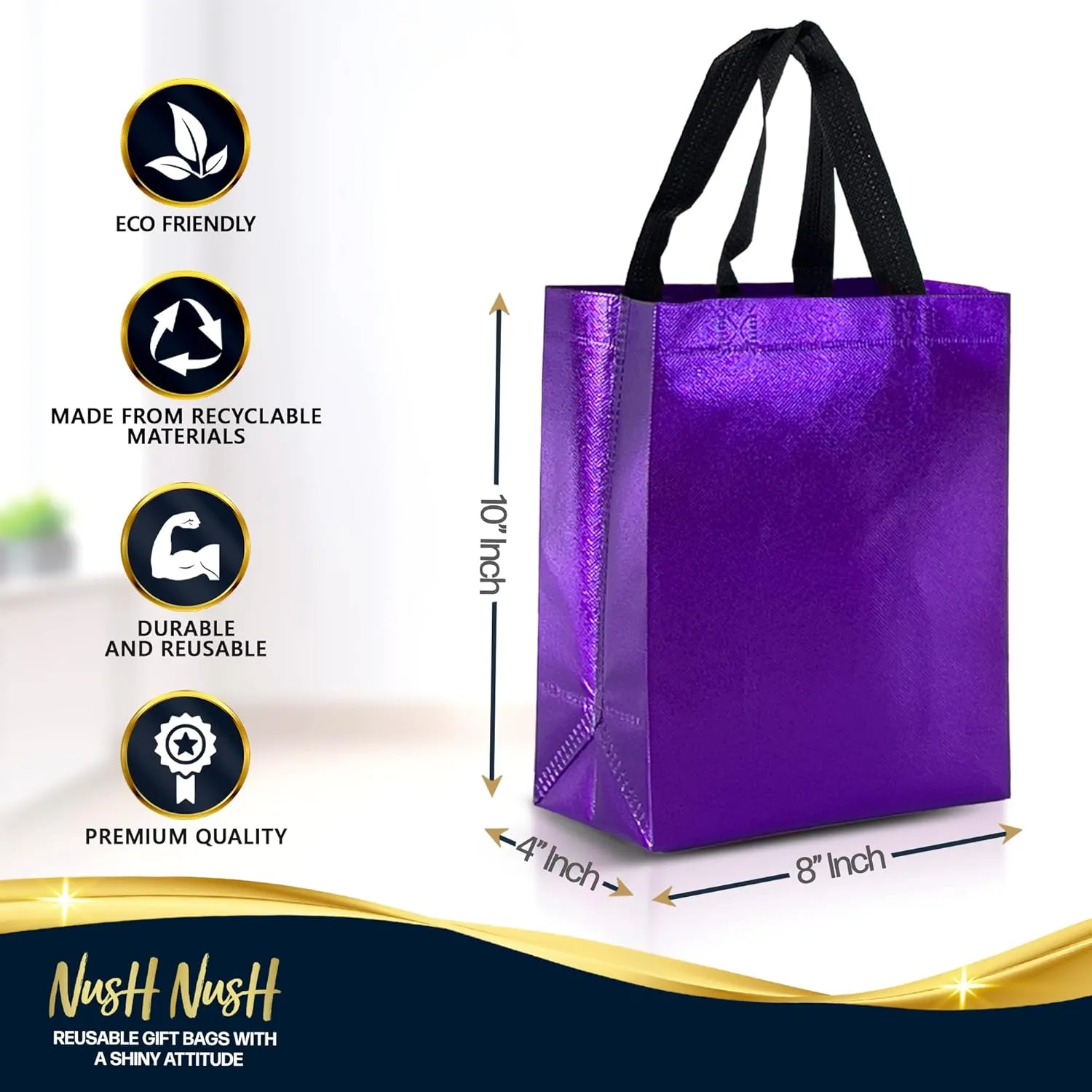Nush Nush Set of 30 Shiny Purple Gift Bags in Bulk - Purple Reusable Gift Bags Medium Size - For Small Business As Goodie Bags, Birthday Gift Bags With Handles, Party Favor Bags, Goody Bags- 8Wx4Dx10H