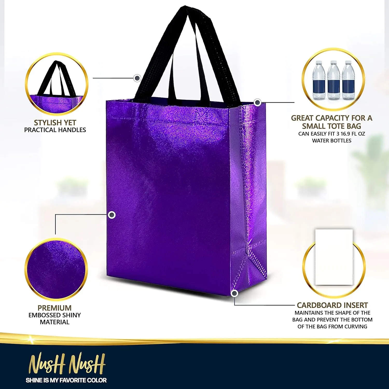 Nush Nush Set of 30 Shiny Purple Gift Bags in Bulk - Purple Reusable Gift Bags Medium Size - For Small Business As Goodie Bags, Birthday Gift Bags With Handles, Party Favor Bags, Goody Bags- 8Wx4Dx10H