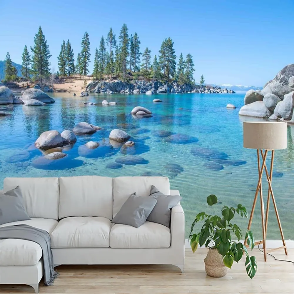 Ocean Scenery Large Peel and Stick Wallpaper, Alpine Rocks Wall Mural Removable Poster Wall Sticker for Bedroom Living Room Office,TV Background -Self-Adhesive-169.3" W x 118.2" H