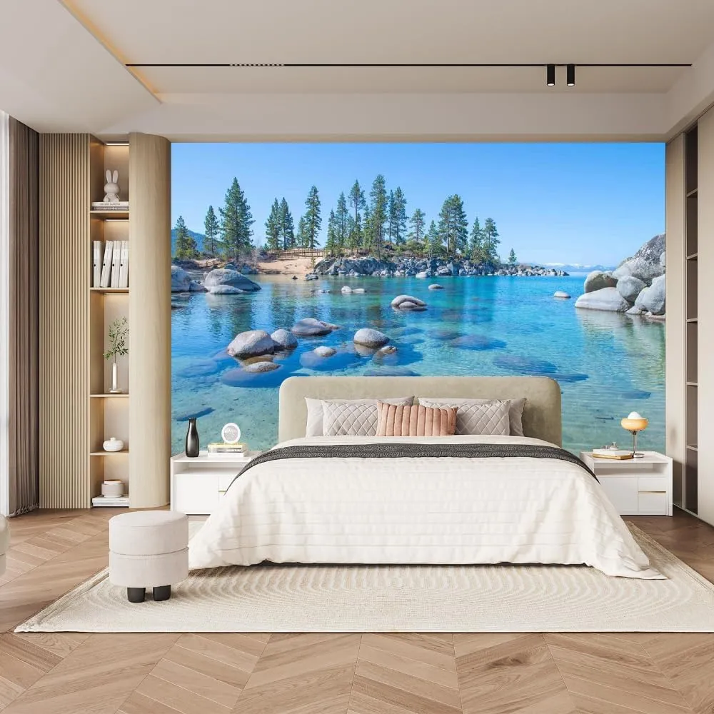 Ocean Scenery Large Peel and Stick Wallpaper, Alpine Rocks Wall Mural Removable Poster Wall Sticker for Bedroom Living Room Office,TV Background -Self-Adhesive-169.3" W x 118.2" H