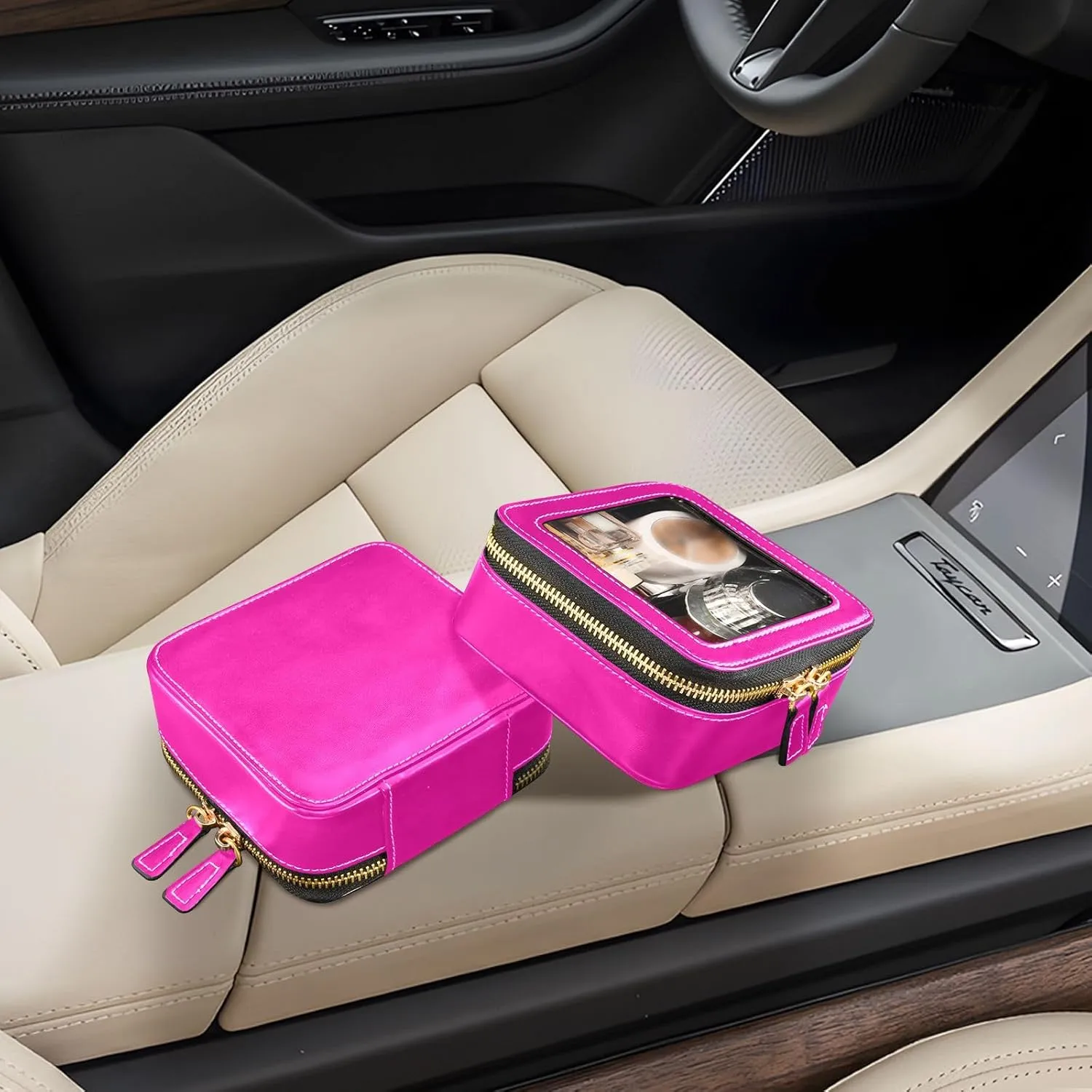 ODAWA Clear Makeup Bag Magenta Rose Makeup Case Bag with Zippers and Clear Windows Car Makeup Organizer
