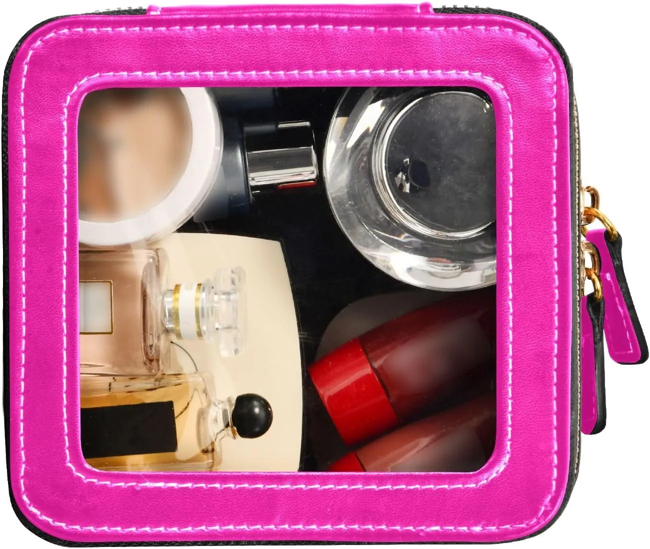 ODAWA Clear Makeup Bag Magenta Rose Makeup Case Bag with Zippers and Clear Windows Car Makeup Organizer