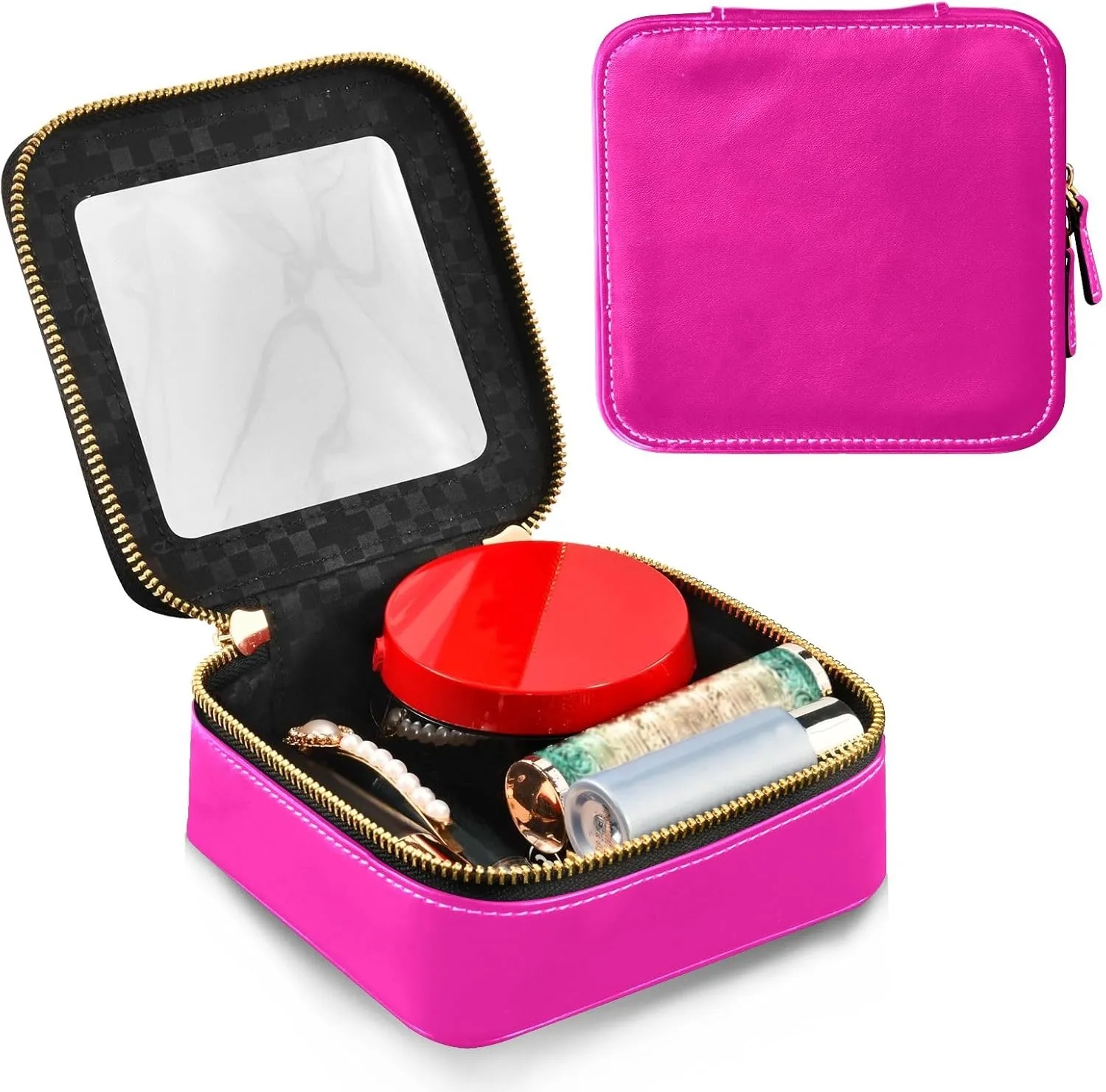 ODAWA Clear Makeup Bag Magenta Rose Makeup Case Bag with Zippers and Clear Windows Car Makeup Organizer