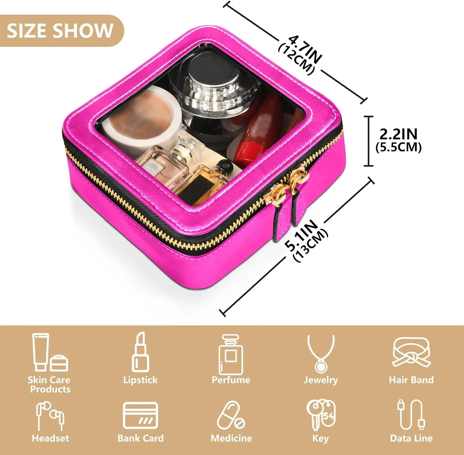 ODAWA Clear Makeup Bag Magenta Rose Makeup Case Bag with Zippers and Clear Windows Car Makeup Organizer