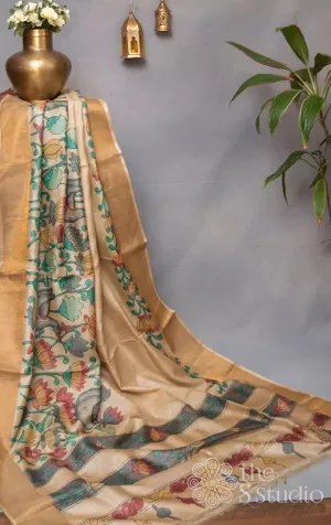 Off white tussar saree with hand painted kalamkari