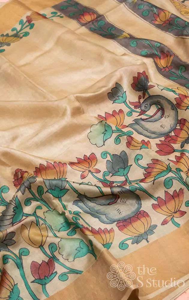 Off white tussar saree with hand painted kalamkari