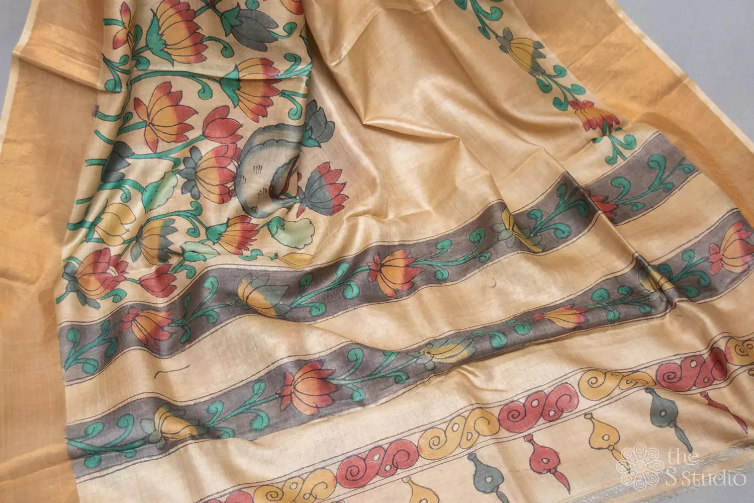 Off white tussar saree with hand painted kalamkari