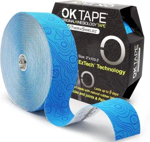 OK TAPE Kinesiology Tape Bulk 103Feet, Pro Adhesive, Water-Resistant k Tape, Elastic Athletic Tape, Latex Free, Uncut, Blue