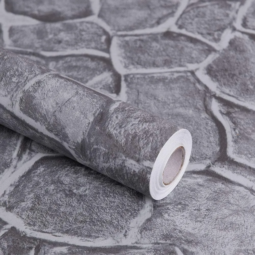 Okydoky Grey Stone Peel and Stick Wallpaper, 17.7" x 394", Removable Film Textured Wallpaper Self-Adhesive, Home Decor for Room Kitchen Wall Cabinet Vinyl Roll NO.101-1