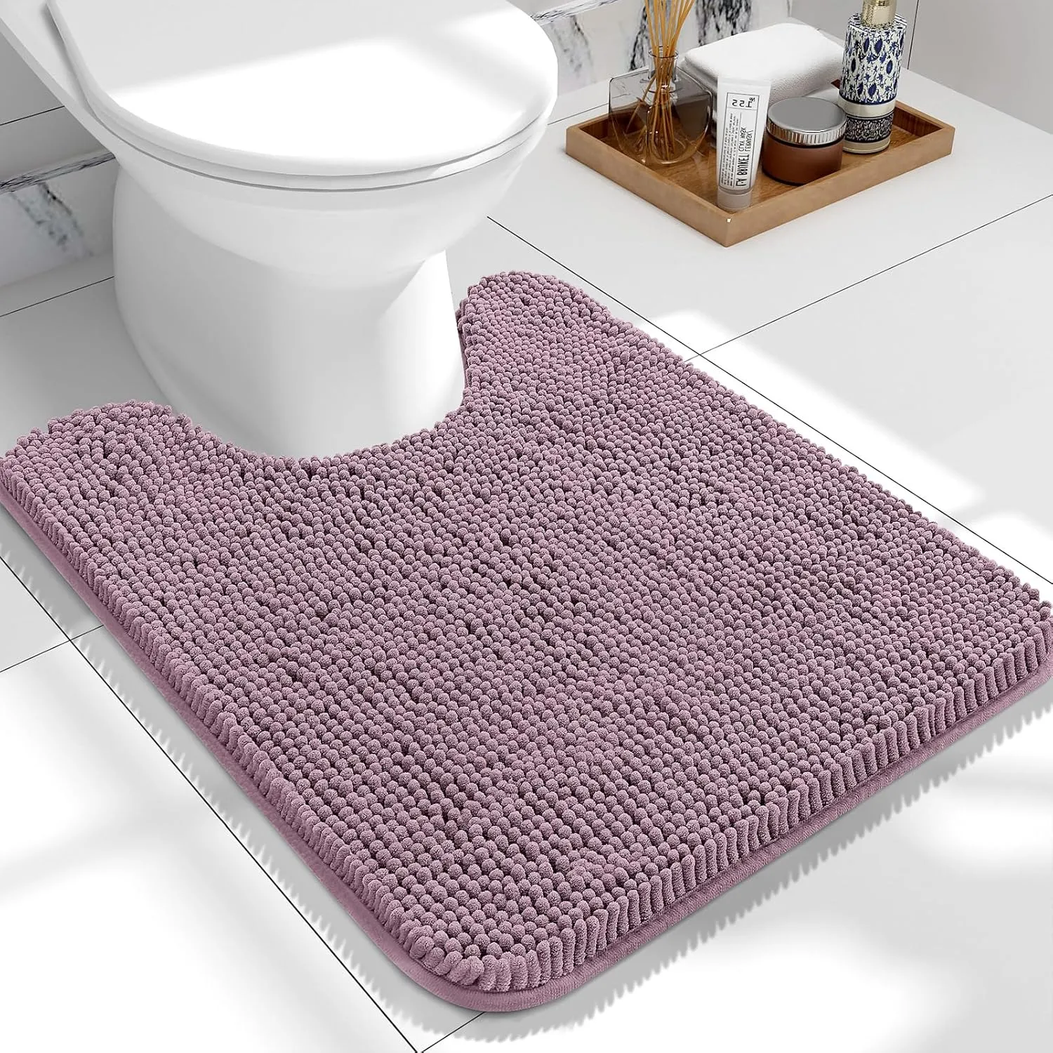 OLANLY Toilet Rugs U-Shaped 24x20, Extra Soft Absorbent Chenille Contour Bathroom Rugs for Toilet, Dry Quickly, Machine Washable, Non-Slip Bath Mat, Deep Plum