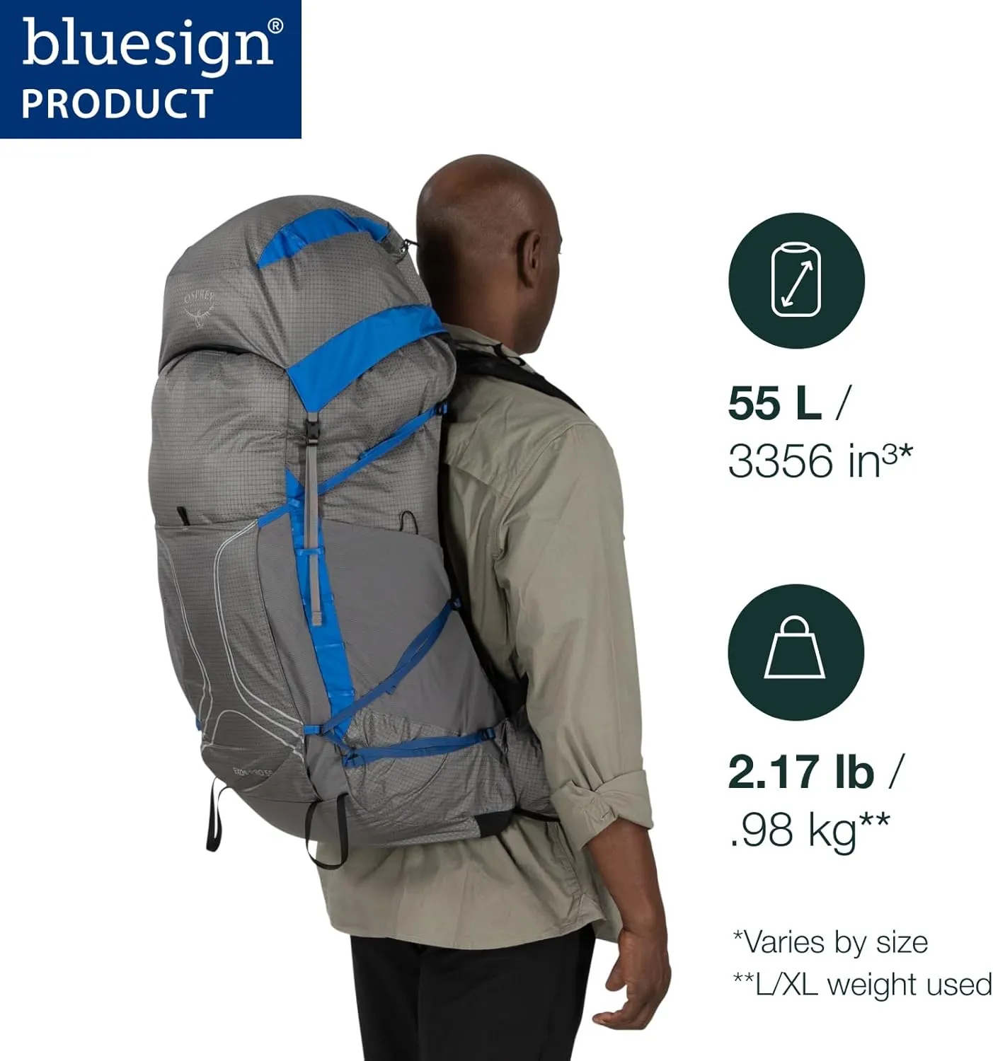 Osprey Exos Pro 55L Men's Backpacking Backpack, Dale Grey/Agam Blue, L/XL