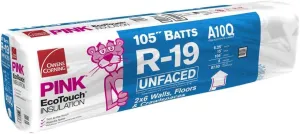Owens Corning 77.5 SQFT 10 Bags of R 19 Unfaced 15 by 105 Fiberglass Fits 2X6 Floor-Ceiling