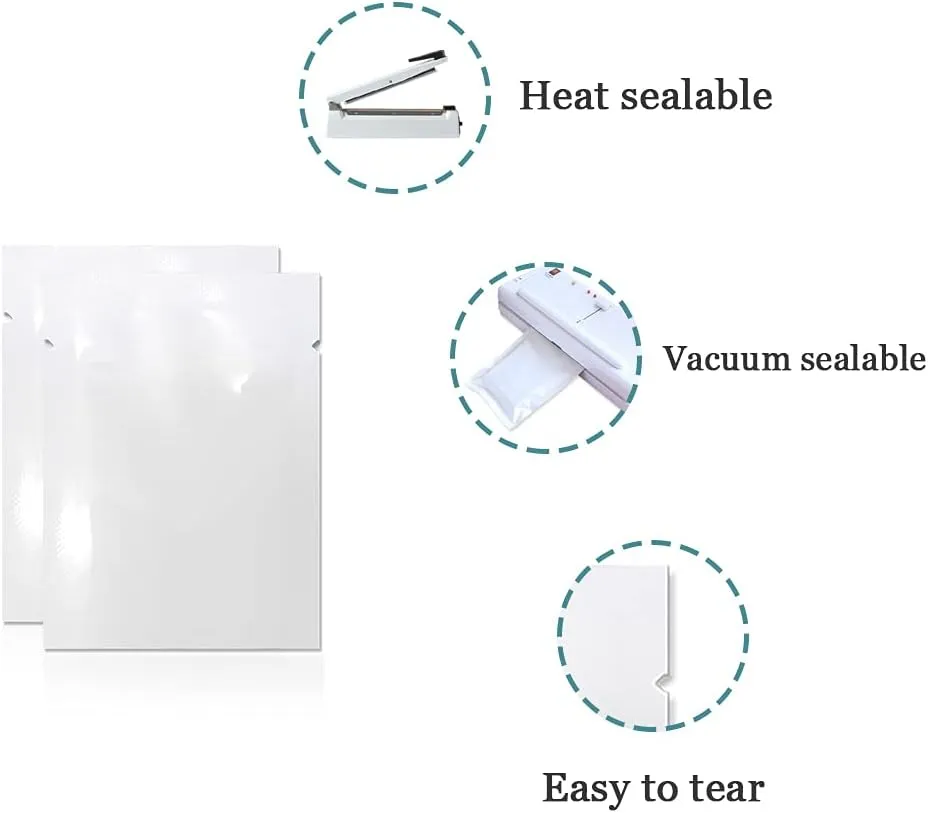 PABCK 500 Pieces White Metallic Mylar Foil Open Top Sealable Bags 3.1x4.7 inch (2.8x4.3 inch Inner Size) Vacuum Heat Seal Pouches for Food Storage Packaging with Tear Notches