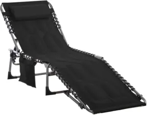Padded Folding Chaise Lounge Chair, Outdoor 6-Level Reclining Camping Tanning Chair with Headrest for Beach, Yard, Patio, Pool, Black