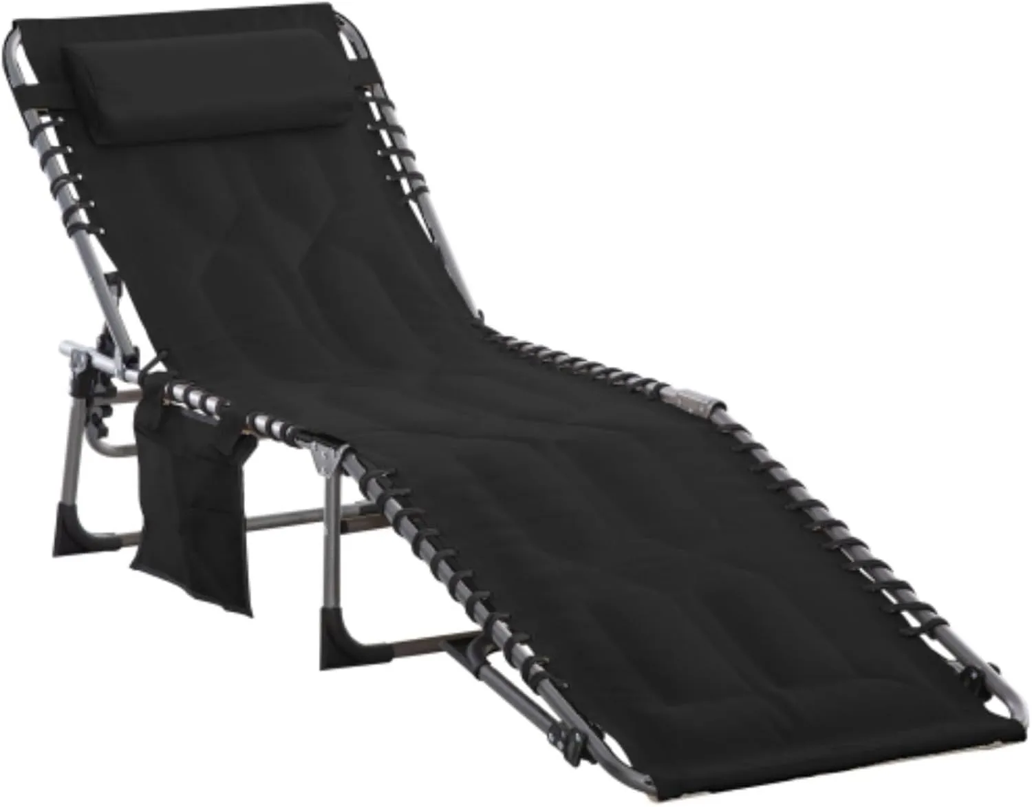 Padded Folding Chaise Lounge Chair, Outdoor 6-Level Reclining Camping Tanning Chair with Headrest for Beach, Yard, Patio, Pool, Black