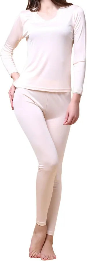 Paradise Silk Pure Silk Knit Women Double Jersey Lace V Neckline Long Johns Set