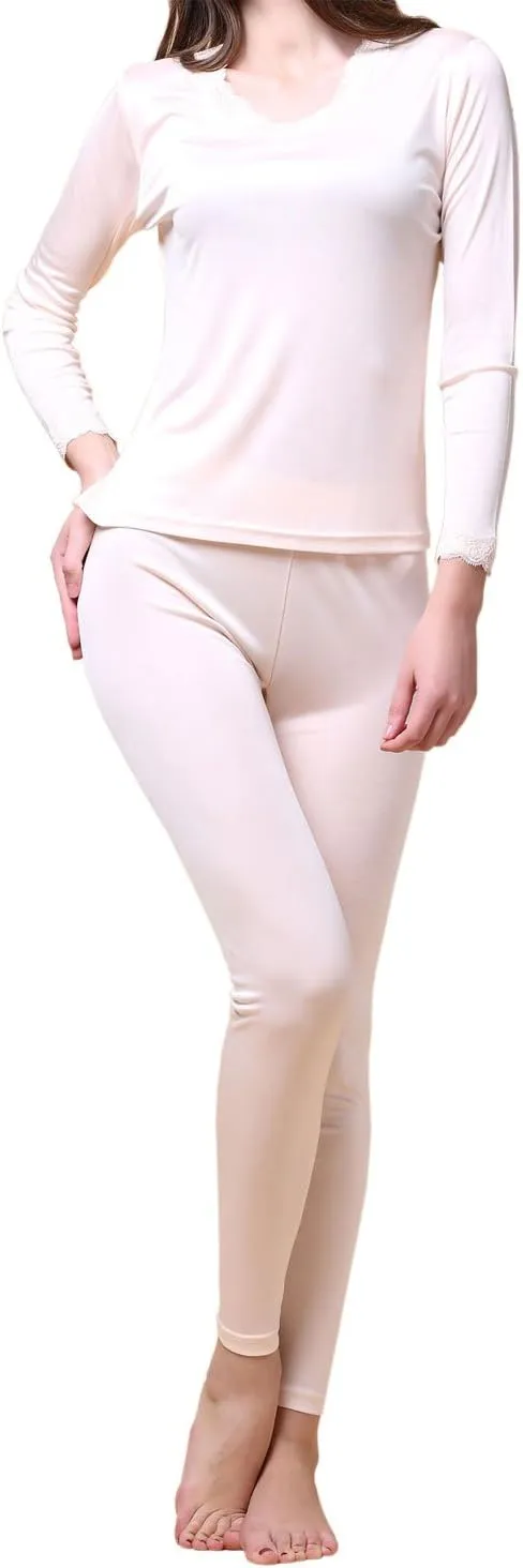 Paradise Silk Pure Silk Knit Women Double Jersey Lace V Neckline Long Johns Set