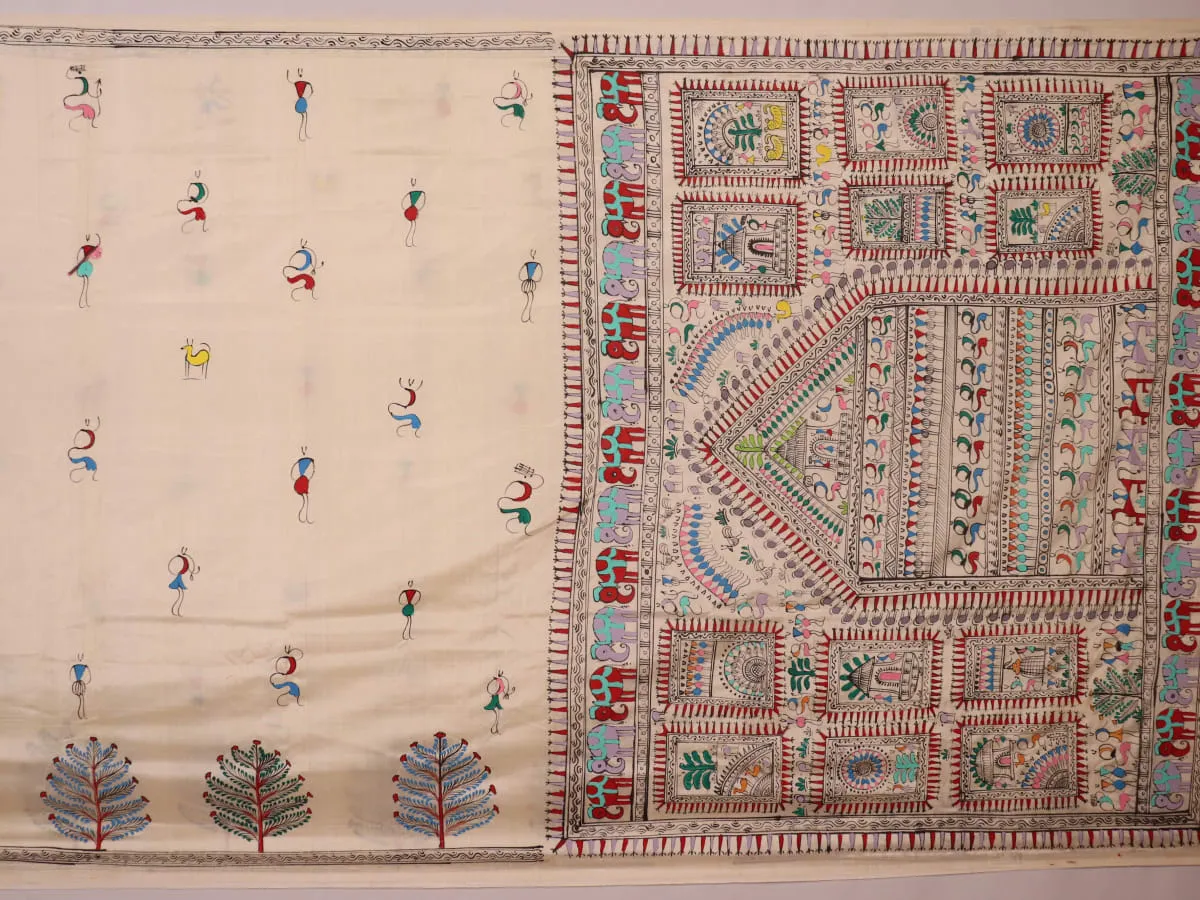 Patachitra Silk Saree - White