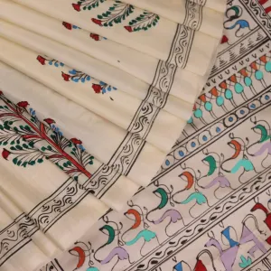 Patachitra Silk Saree - White