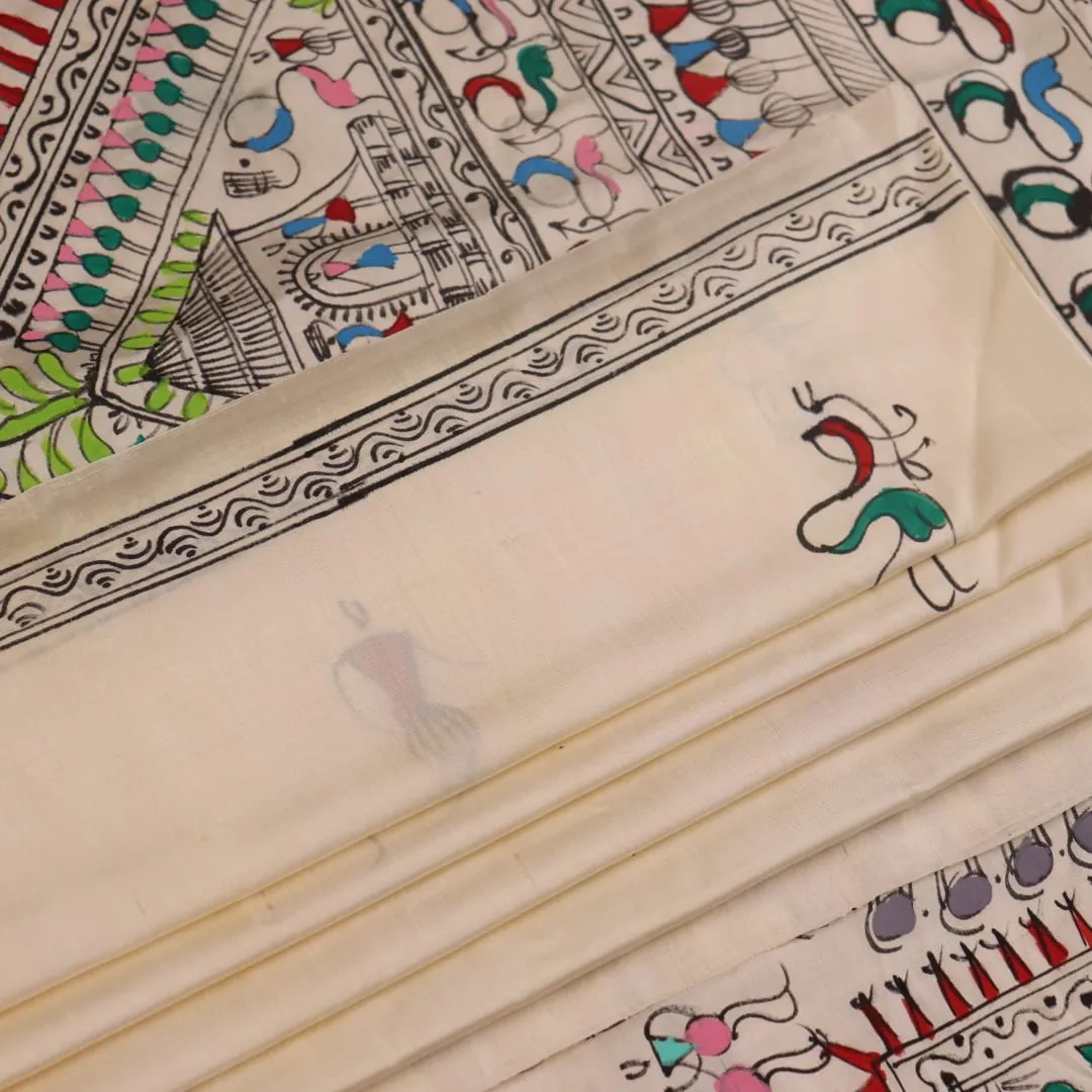 Patachitra Silk Saree - White