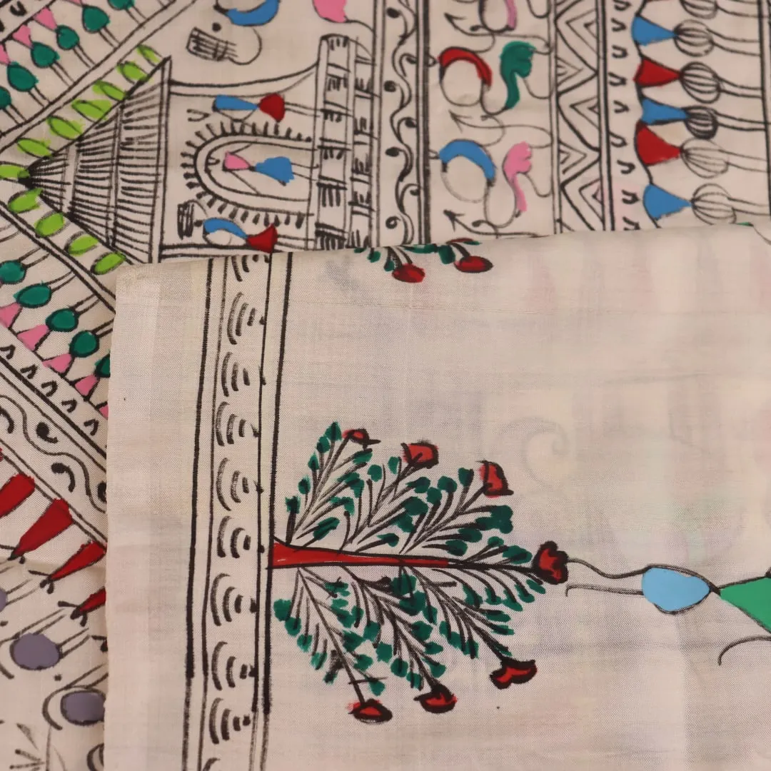 Patachitra Silk Saree - White