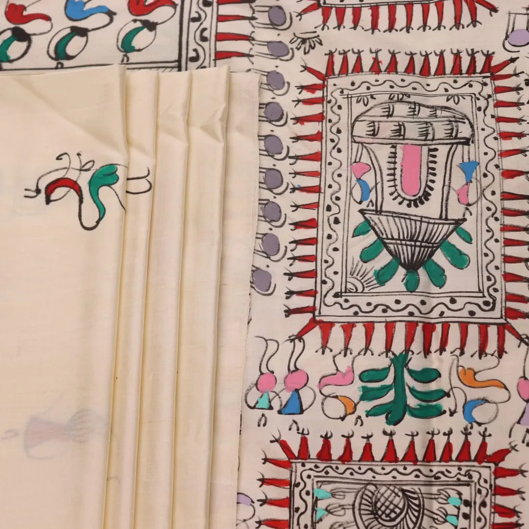 Patachitra Silk Saree - White