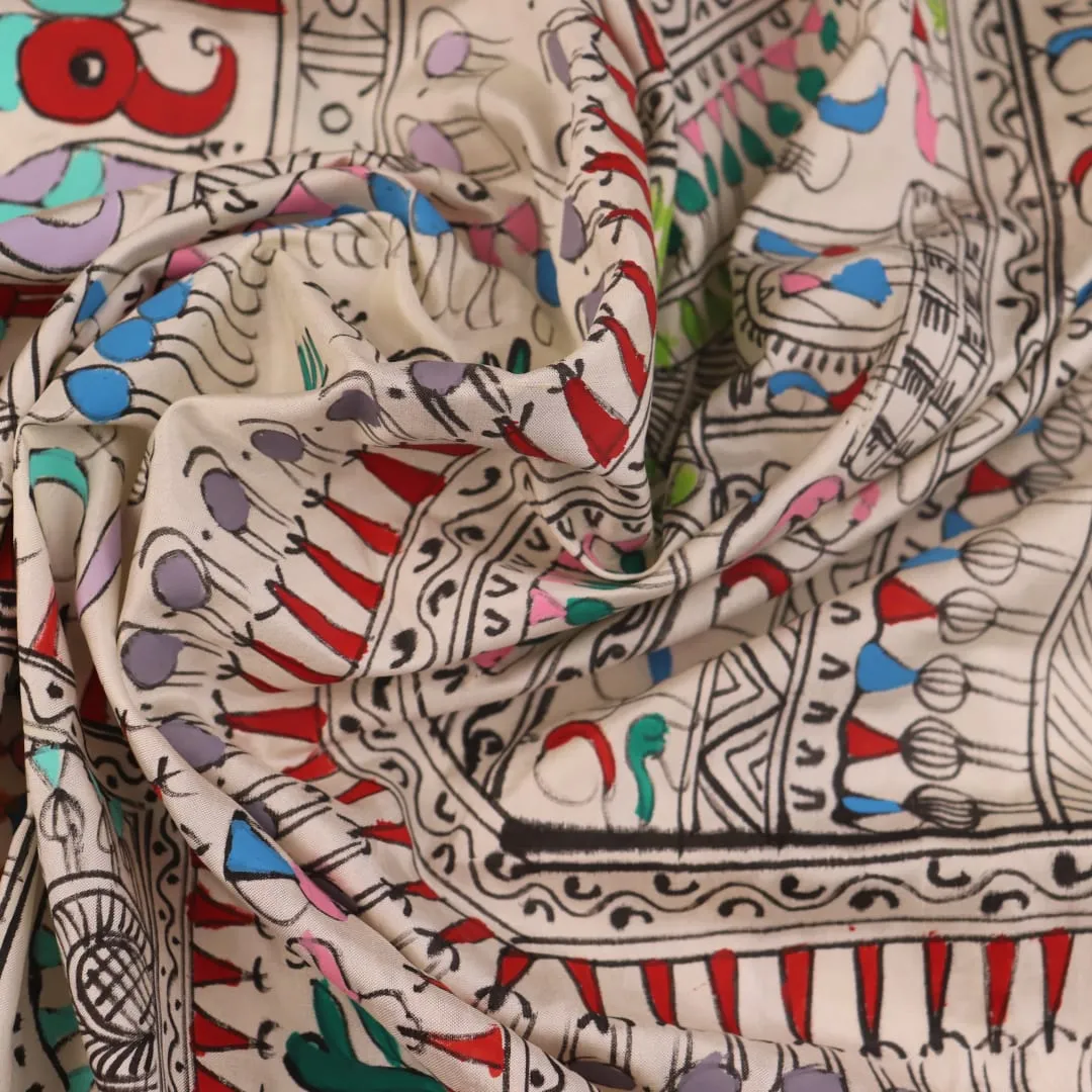 Patachitra Silk Saree - White