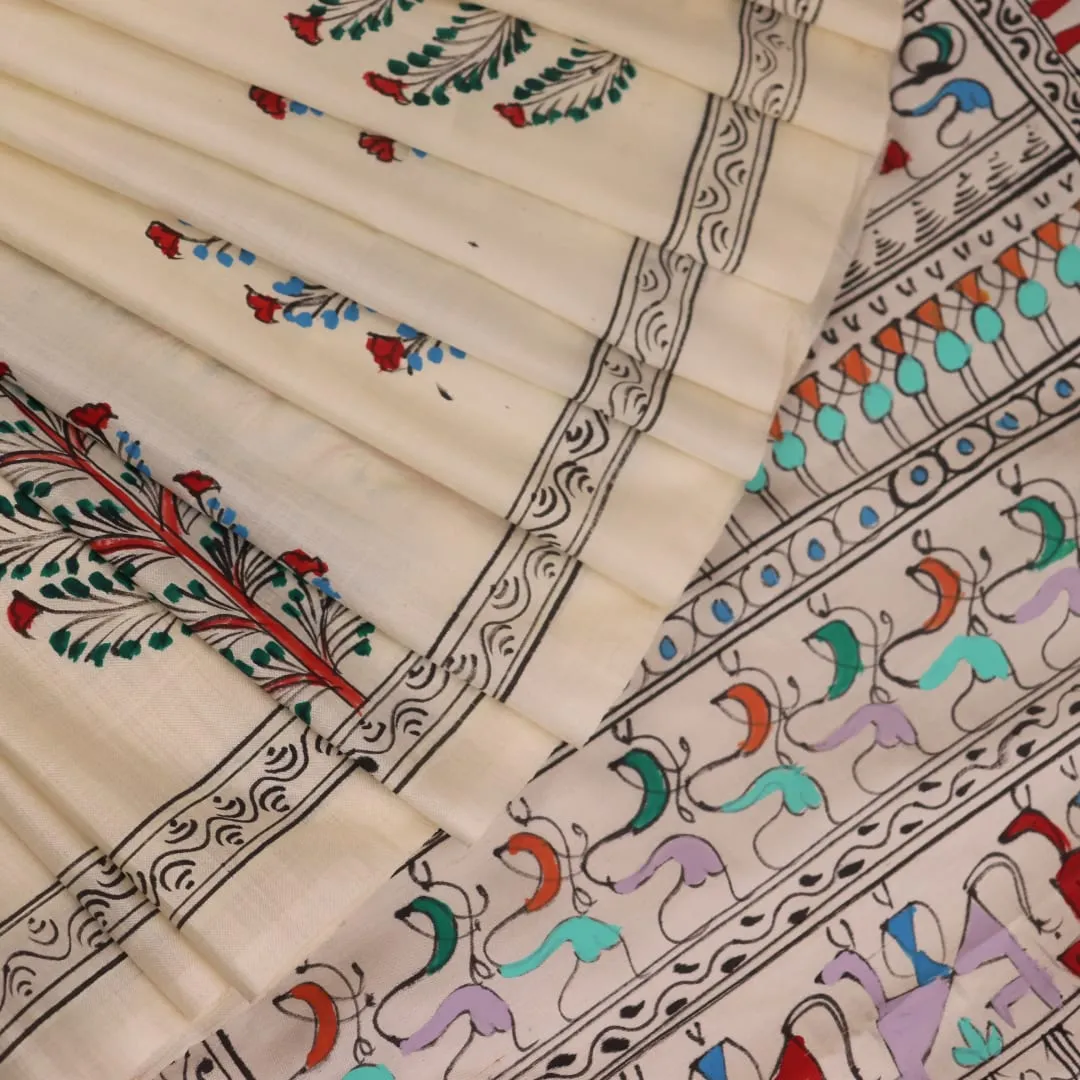 Patachitra Silk Saree - White