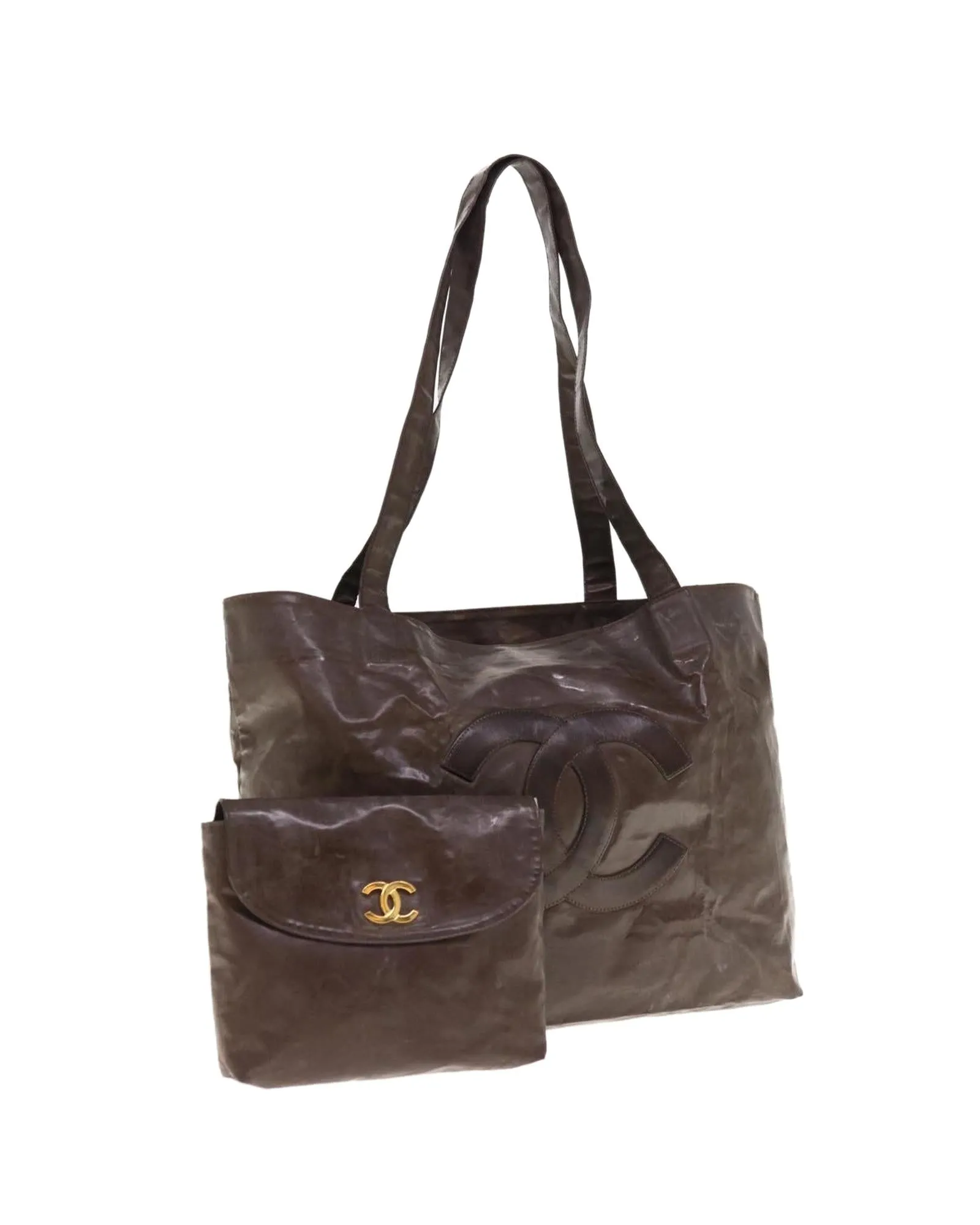 Patent Leather Tote Bag with CC Logo - Brown