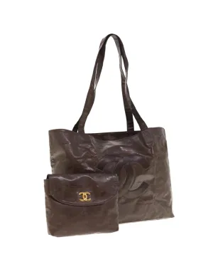 Patent Leather Tote Bag with CC Logo - Brown