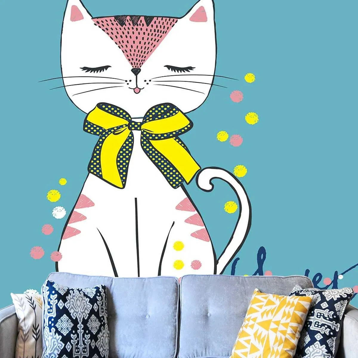 Peel and Stick Paper Cyan Cute Cat Extra Wide Contact Paper Dollhouse Easy to Remove (W) 78.7Inch X(H) 78.7Inch