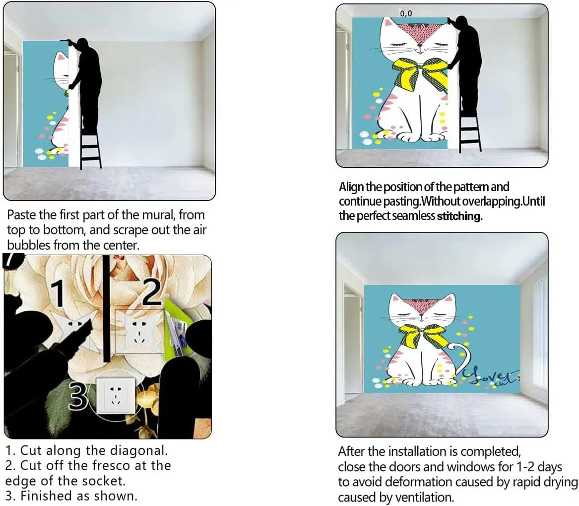 Peel and Stick Paper Cyan Cute Cat Extra Wide Contact Paper Dollhouse Easy to Remove (W) 78.7Inch X(H) 78.7Inch