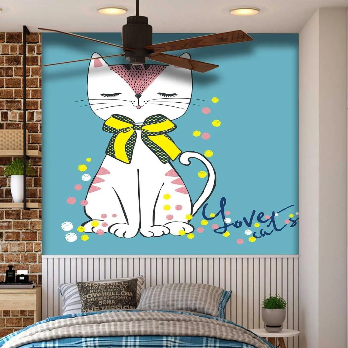 Peel and Stick Paper Cyan Cute Cat Extra Wide Contact Paper Dollhouse Easy to Remove (W) 78.7Inch X(H) 78.7Inch