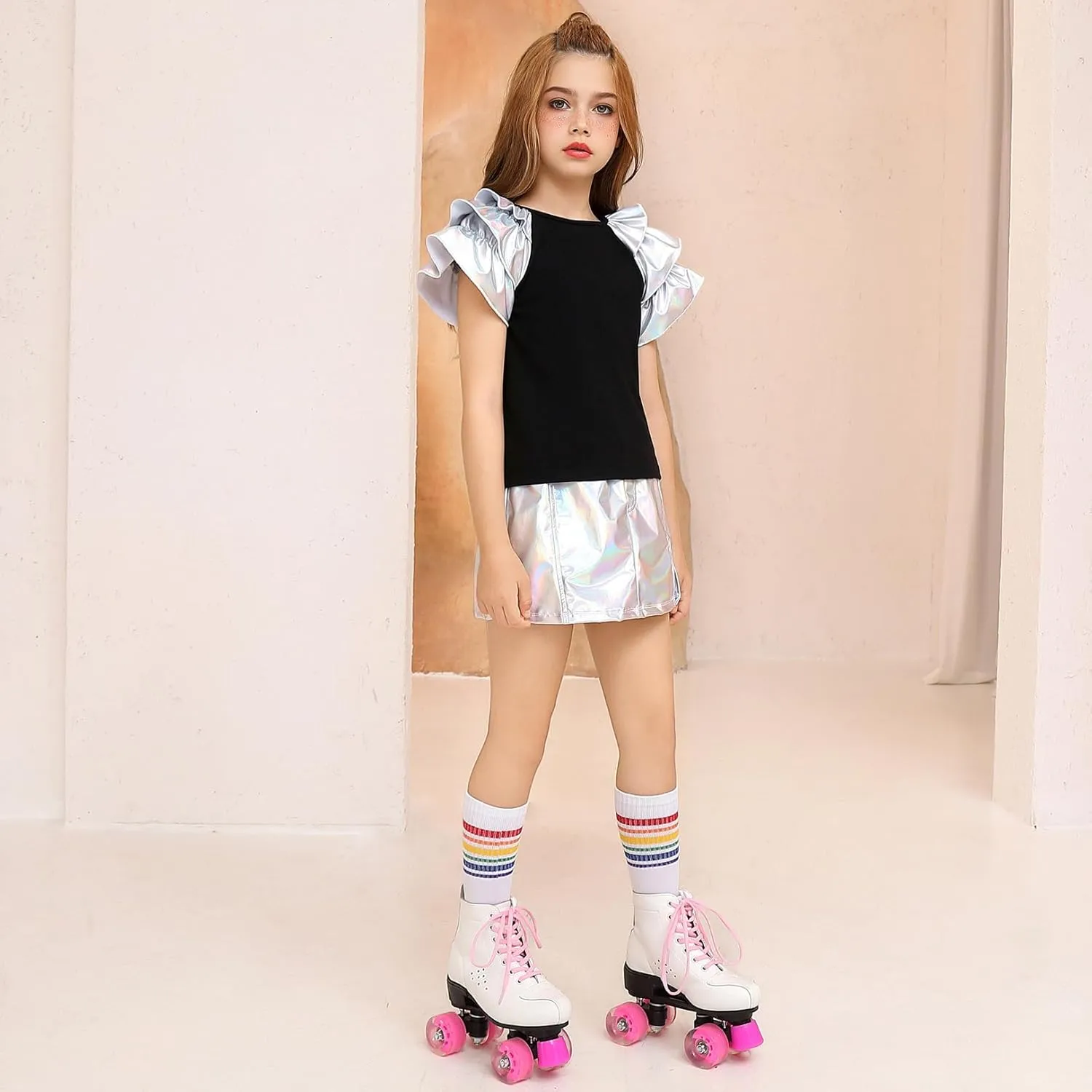 Perfashion Girls Shirts Metallic Ruffle Sleeve Tops Crewneck Summer Tees Hip Hop Dance Party 4-13Y