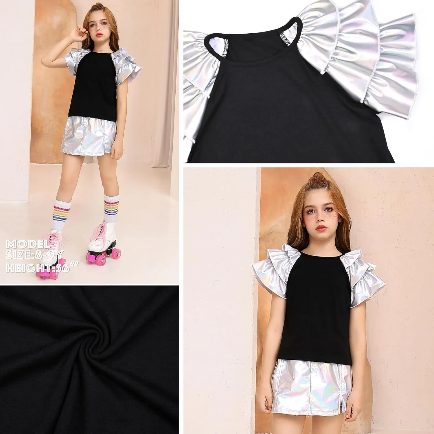 Perfashion Girls Shirts Metallic Ruffle Sleeve Tops Crewneck Summer Tees Hip Hop Dance Party 4-13Y