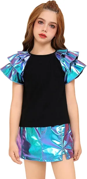 Perfashion Girls Shirts Metallic Ruffle Sleeve Tops Crewneck Summer Tees Hip Hop Dance Party 4-13Y