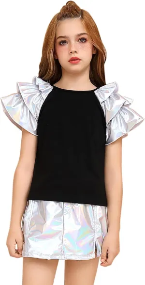 Perfashion Girls Shirts Metallic Ruffle Sleeve Tops Crewneck Summer Tees Hip Hop Dance Party 4-13Y