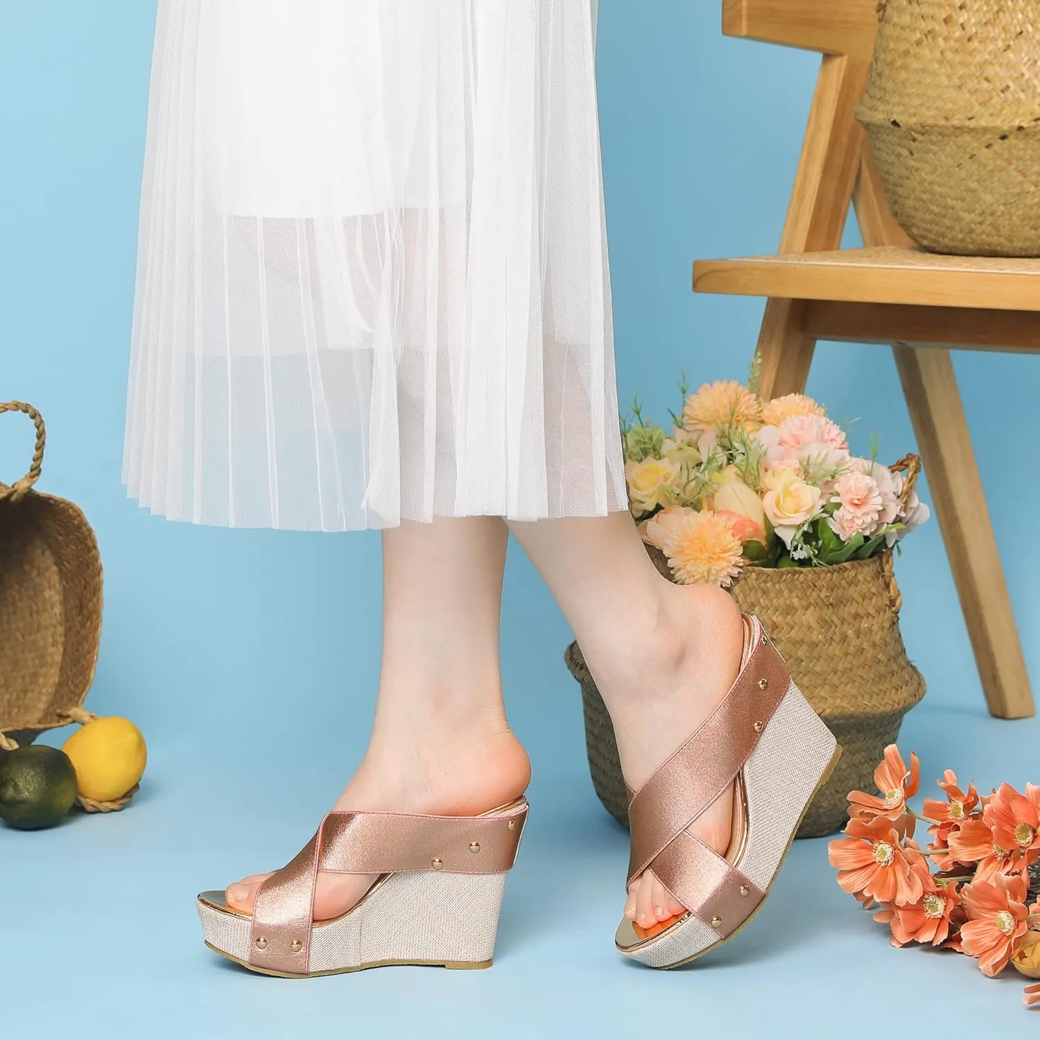 Perphy Open Toe Platform Linen Slide Wedge Sandals for Women